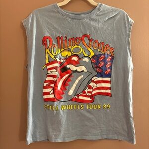 Zara Rolling Stones Steel Wheels Tour 89 Shirt Tank Top Muscle Tee Blue Flag